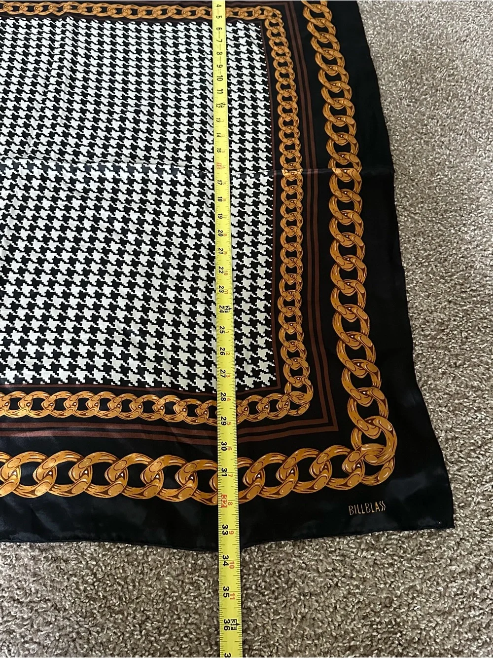 Vintage bill blass Black & Gold Chain Print Silk Scarf with Houndstooth Accent